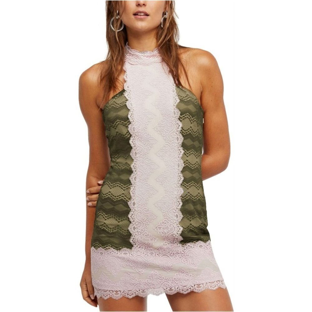 Free People Natasha Pink Green lace halter  mini bodycon dress